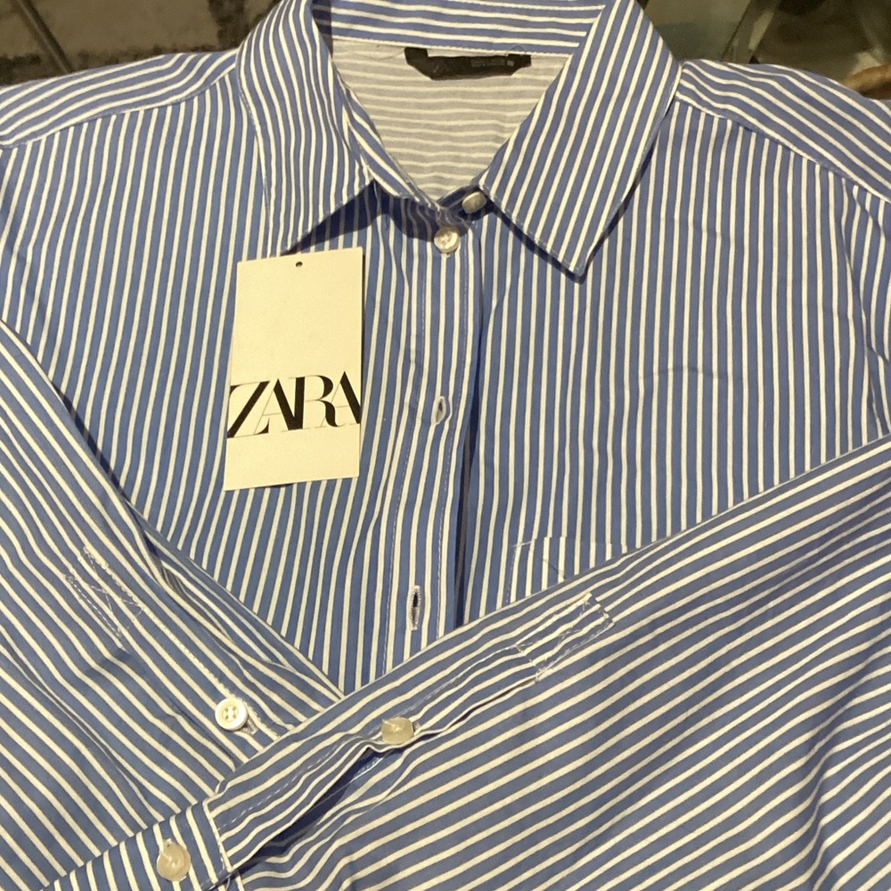 Zara Cotton  Cropped Women’s Blue and White Striped Shirt